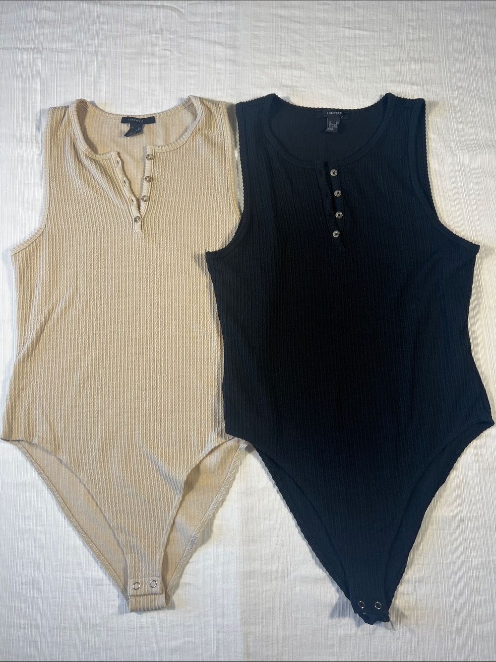 Ribbed Henley Tank Tops Bodysuits - Black & Beige Pair